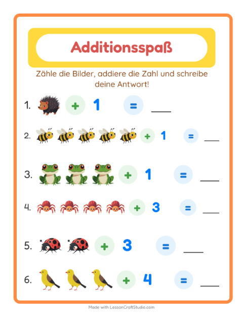Vorschau: Addition-Arbeitsblatt mit Waldtiere für Kindergarten