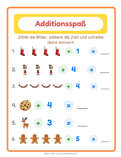Vorschau: Addition-Arbeitsblatt mit Weihnachten für Kindergarten