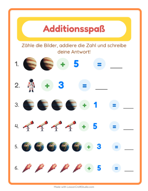 Vorschau: Addition-Arbeitsblatt mit Weltraum für Kindergarten