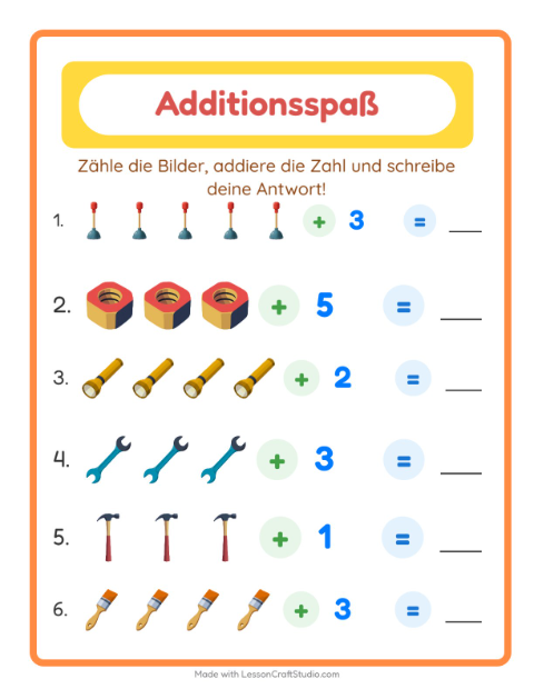 Vorschau: Addition-Arbeitsblatt mit Werkzeuge für Kindergarten