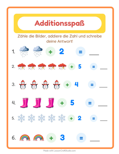 Vorschau: Addition-Arbeitsblatt mit Wetter für Kindergarten