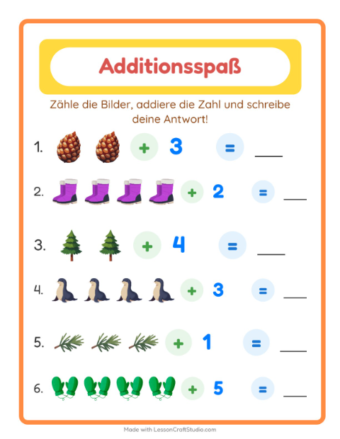 Vorschau: Addition-Arbeitsblatt mit Winter für Kindergarten