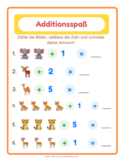 Vorschau: Addition-Arbeitsblatt mit Zootiere für Kindergarten