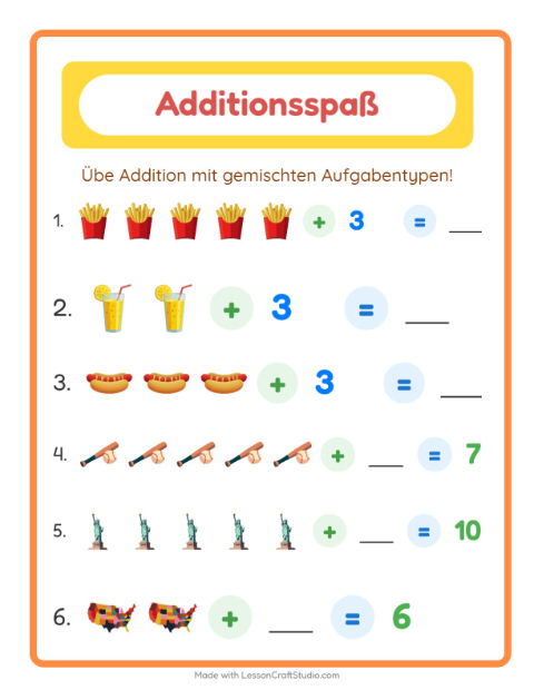Vorschau: Addition-Arbeitsblatt mit 4. Juli für Kindergarten