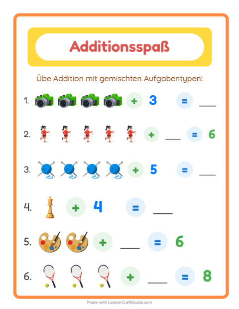 Vorschau: Addition-Arbeitsblatt mit Aktivitäten für Kindergarten