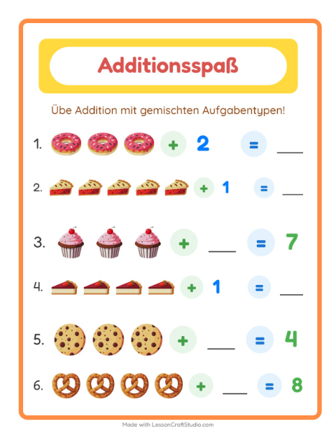Vorschau: Addition-Arbeitsblatt mit Bäckerei für Kindergarten