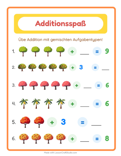 Vorschau: Addition-Arbeitsblatt mit Bäume für Kindergarten