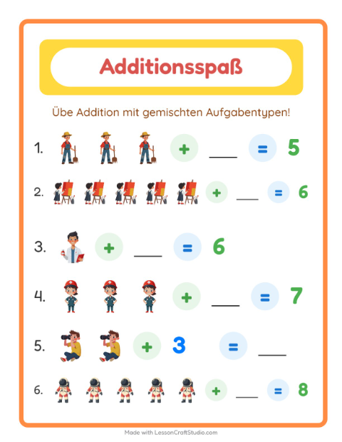 Vorschau: Addition-Arbeitsblatt mit Berufe für Kindergarten