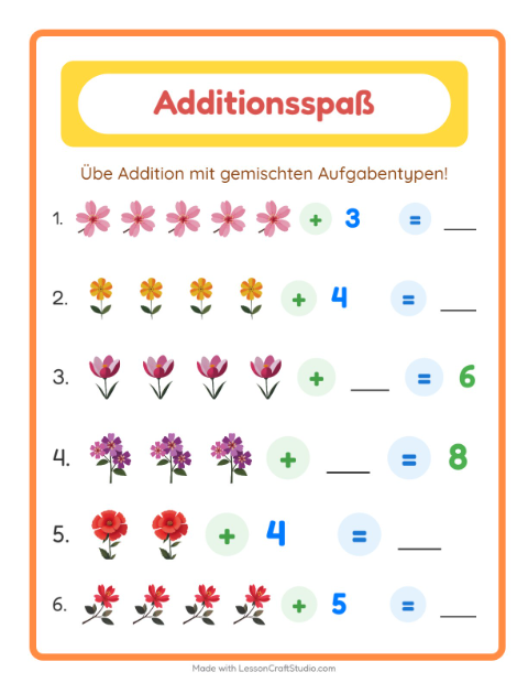 Vorschau: Addition-Arbeitsblatt mit Blumen für Kindergarten