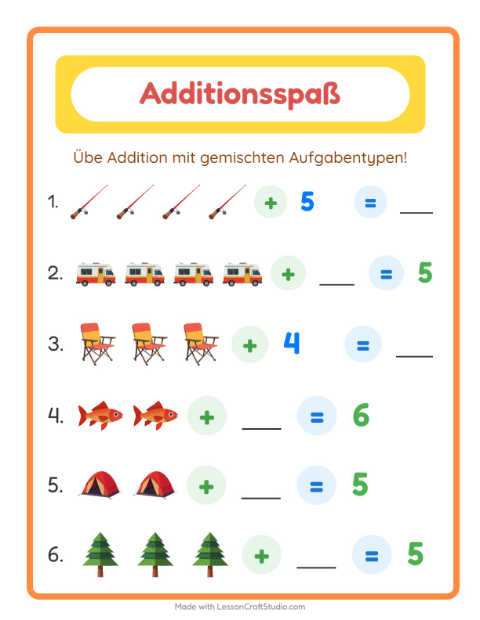 Vorschau: Addition-Arbeitsblatt mit Camping für Kindergarten