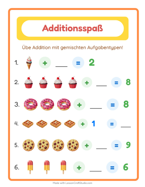 Vorschau: Addition-Arbeitsblatt mit Desserts und Süßigkeiten für Kindergarten