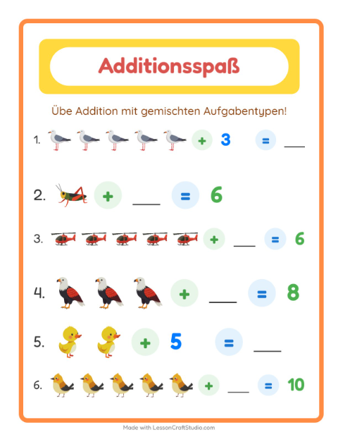 Vorschau: Addition-Arbeitsblatt mit Dinge die fliegen für Kindergarten