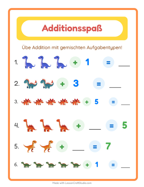 Vorschau: Addition-Arbeitsblatt mit Dinosaurier für Kindergarten