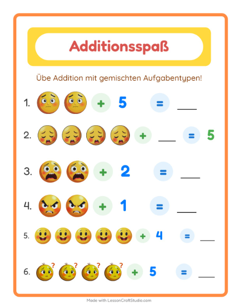 Vorschau: Addition-Arbeitsblatt mit Emotionen für Kindergarten