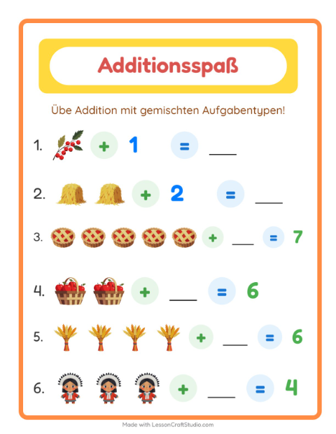 Vorschau: Addition-Arbeitsblatt mit Erntedankfest für Kindergarten