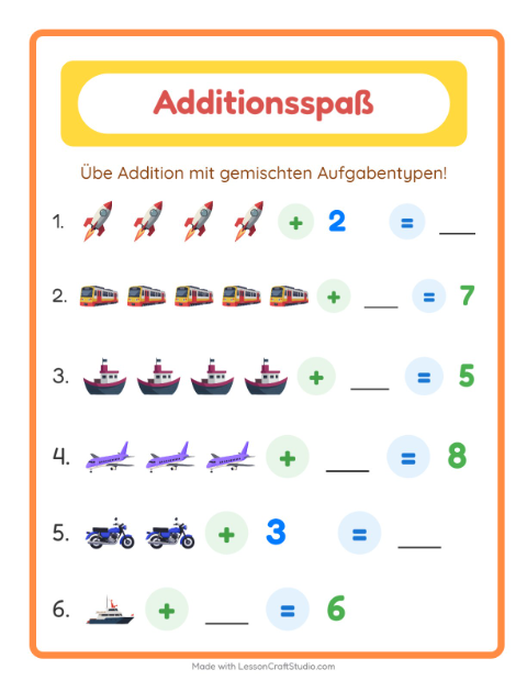 Vorschau: Addition-Arbeitsblatt mit Fahrzeuge für Kindergarten