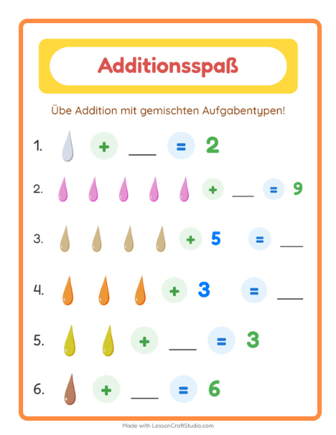 Vorschau: Addition-Arbeitsblatt mit Farben für Kindergarten