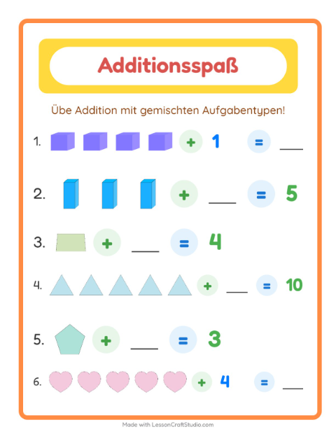 Vorschau: Addition-Arbeitsblatt mit Formen für Kindergarten