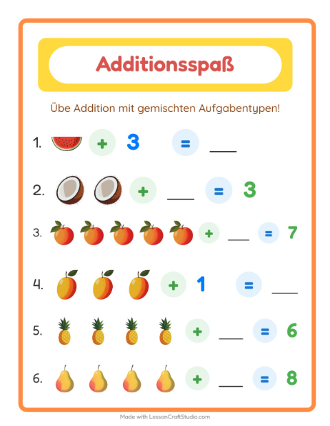 Vorschau: Addition-Arbeitsblatt mit Früchte für Kindergarten