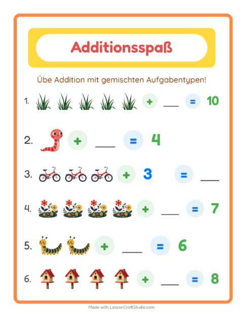Vorschau: Addition-Arbeitsblatt mit Frühling für Kindergarten