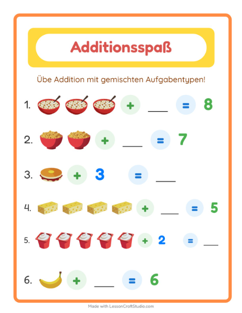 Vorschau: Addition-Arbeitsblatt mit Frühstück für Kindergarten