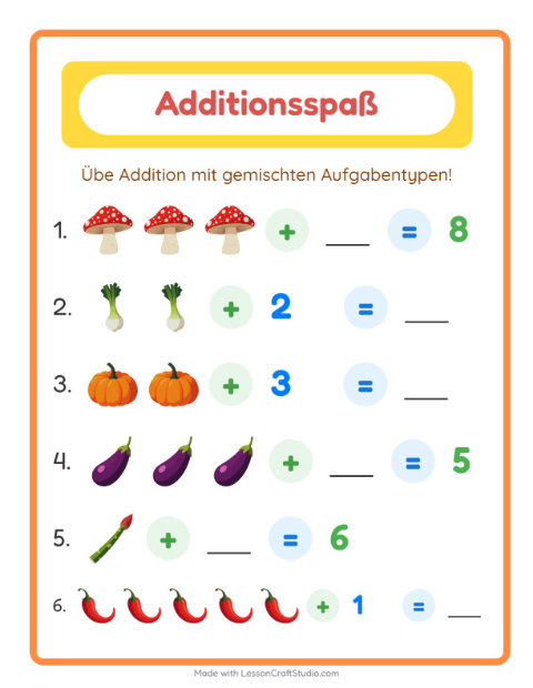 Vorschau: Addition-Arbeitsblatt mit Gemüse für Kindergarten