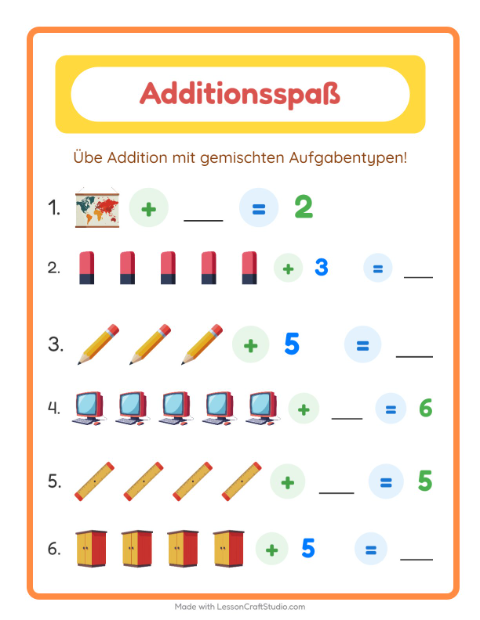 Vorschau: Addition-Arbeitsblatt mit Klassenzimmer für Kindergarten