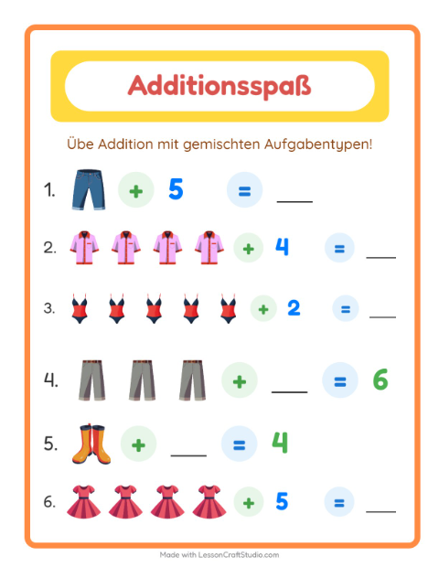 Vorschau: Addition-Arbeitsblatt mit Kleidung für Kindergarten