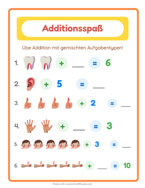 Vorschau: Addition-Arbeitsblatt mit Körperteile für Kindergarten