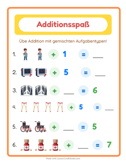 Vorschau: Addition-Arbeitsblatt mit Krankenhaus für Kindergarten