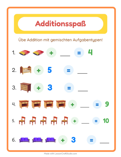 Vorschau: Addition-Arbeitsblatt mit Möbel für Kindergarten