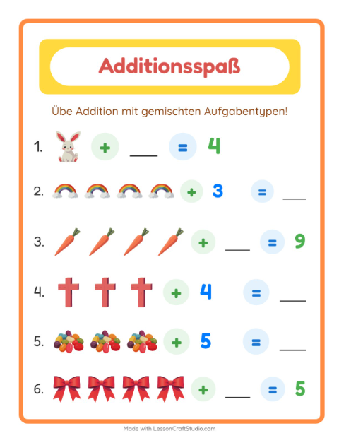 Vorschau: Addition-Arbeitsblatt mit Ostern für Kindergarten