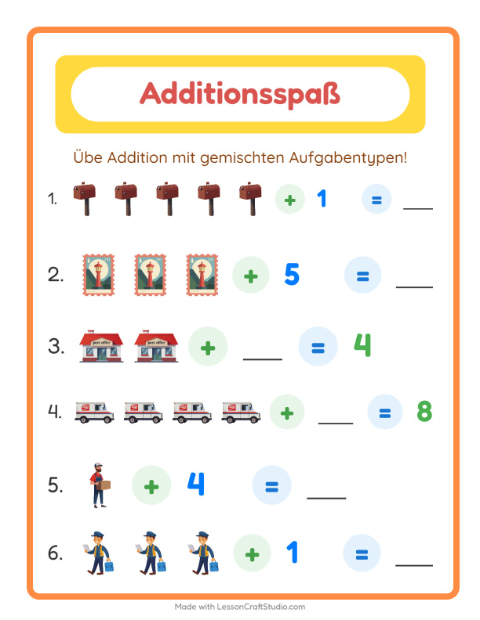 Vorschau: Addition-Arbeitsblatt mit Postamt für Kindergarten