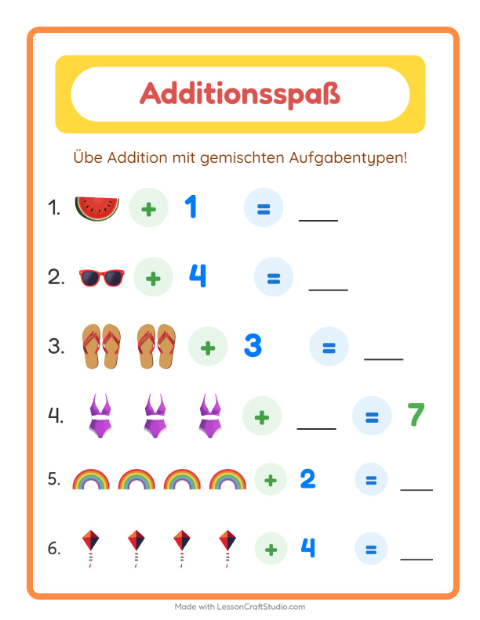 Vorschau: Addition-Arbeitsblatt mit Sommer für Kindergarten