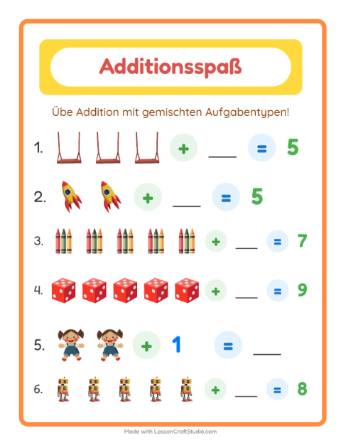 Vorschau: Addition-Arbeitsblatt mit Spielzeug für Kindergarten