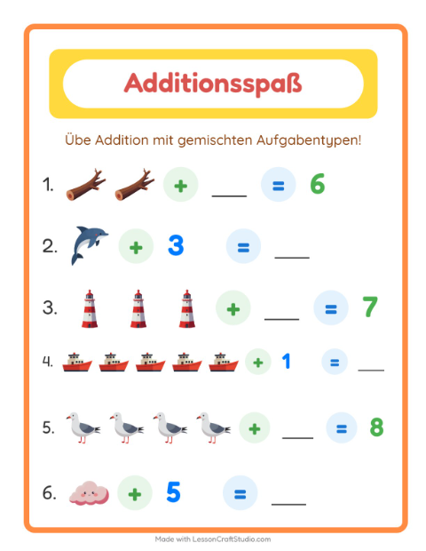 Vorschau: Addition-Arbeitsblatt mit Strand für Kindergarten