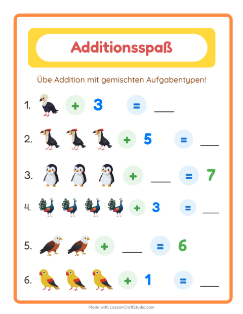 Vorschau: Addition-Arbeitsblatt mit Vögel für Kindergarten