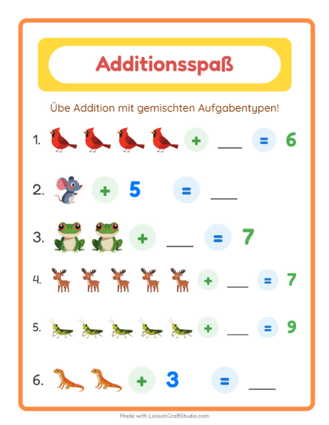 Vorschau: Addition-Arbeitsblatt mit Waldtiere für Kindergarten