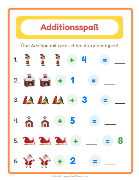 Vorschau: Addition-Arbeitsblatt mit Weihnachten für Kindergarten