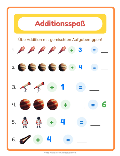 Vorschau: Addition-Arbeitsblatt mit Weltraum für Kindergarten