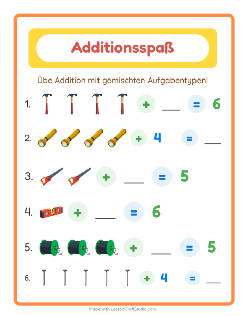 Vorschau: Addition-Arbeitsblatt mit Werkzeuge für Kindergarten