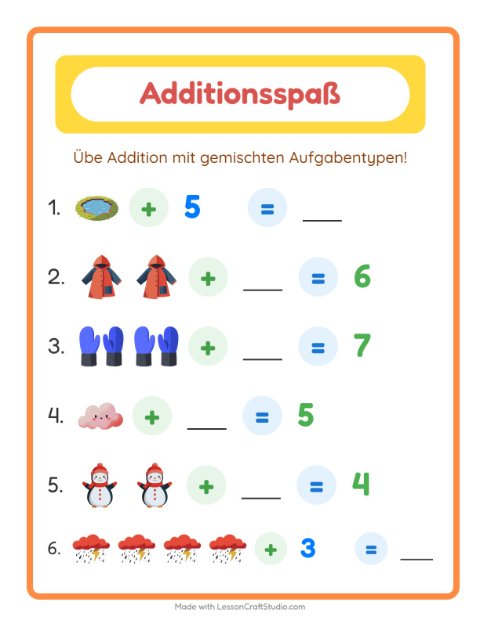Vorschau: Addition-Arbeitsblatt mit Wetter für Kindergarten