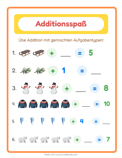 Vorschau: Addition-Arbeitsblatt mit Winter für Kindergarten