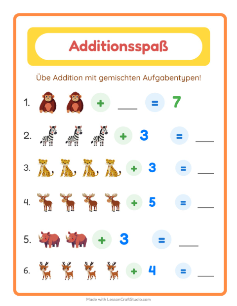 Vorschau: Addition-Arbeitsblatt mit Zootiere für Kindergarten