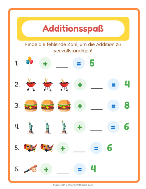 Vorschau: Addition-Arbeitsblatt mit 4. Juli für Kindergarten