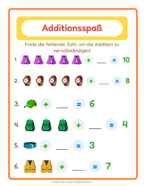 Vorschau: Addition-Arbeitsblatt mit Accessoires für Kindergarten
