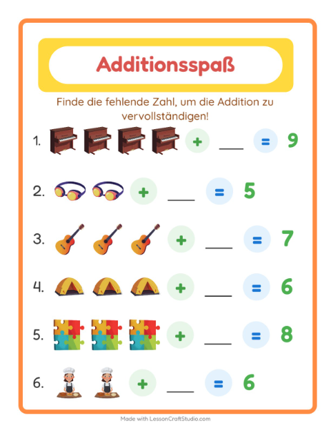 Vorschau: Addition-Arbeitsblatt mit Aktivitäten für Kindergarten