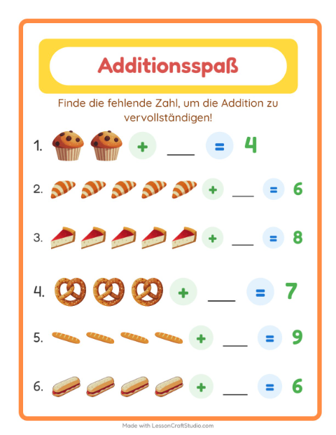 Vorschau: Addition-Arbeitsblatt mit Bäckerei für Kindergarten
