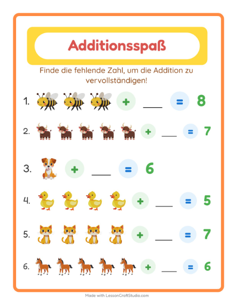 Vorschau: Addition-Arbeitsblatt mit Bauernhoftiere für Kindergarten