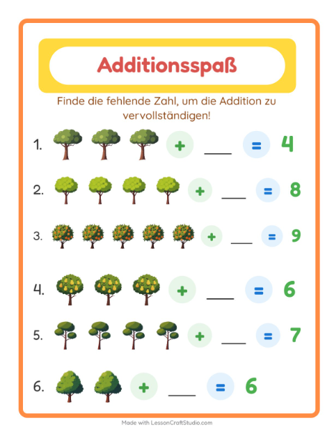 Vorschau: Addition-Arbeitsblatt mit Bäume für Kindergarten